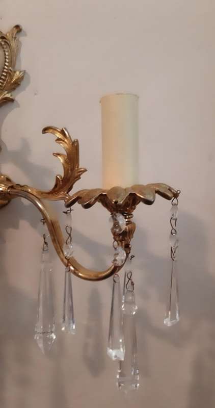 WALL SCONCE ~ BRASS, CLEAR CRYSTAL PENDANTS AND CANDLE SLEEVES