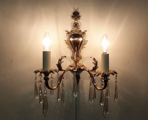 WALL SCONCE ~ BRASS, CLEAR CRYSTAL PENDANTS AND CANDLE SLEEVES