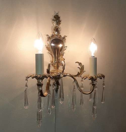 WALL SCONCE ~ BRASS, CLEAR CRYSTAL PENDANTS AND CANDLE SLEEVES