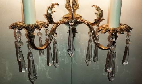 WALL SCONCE ~ BRASS, CLEAR CRYSTAL PENDANTS AND CANDLE SLEEVES