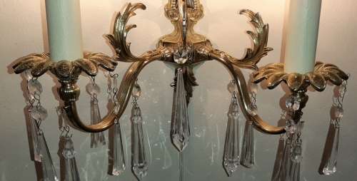 WALL SCONCE ~ BRASS, CLEAR CRYSTAL PENDANTS AND CANDLE SLEEVES