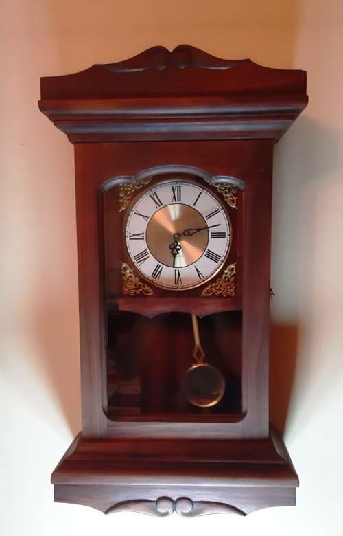 WALL CLOCK: SOLID WOOD ~ DIGITAL MECHANISM WITH PENDULUM AND CHIMES