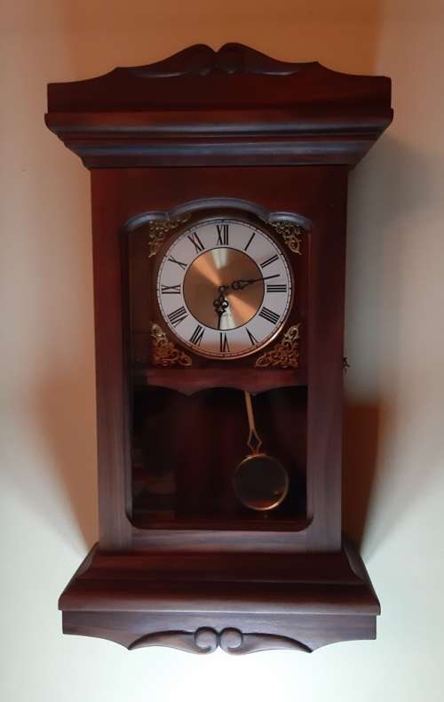 WALL CLOCK: SOLID WOOD ~ DIGITAL MECHANISM WITH PENDULUM AND CHIMES