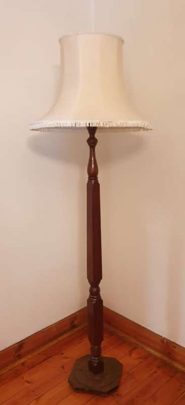 Vintage Mahogany Wood Floor Standing Lamp with White Shade