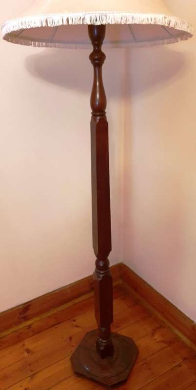 Vintage Mahogany Wood Floor Standing Lamp with White Shade