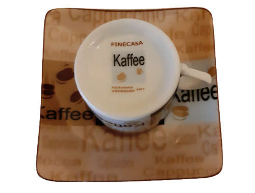 SET ESPRESSO CUPS AND SAUCERS IN WOVEN BASKET ~ BROWN & WHITE FINECASA CLASSICS