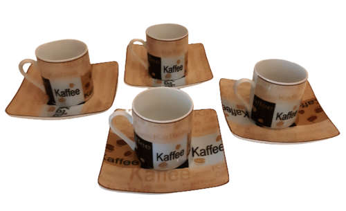 SET ESPRESSO CUPS AND SAUCERS IN WOVEN BASKET ~ BROWN & WHITE FINECASA CLASSICS