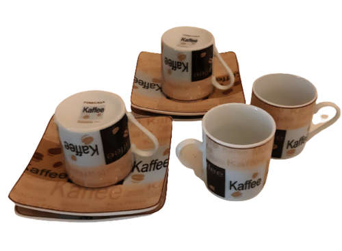 SET ESPRESSO CUPS AND SAUCERS IN WOVEN BASKET ~ BROWN & WHITE FINECASA CLASSICS