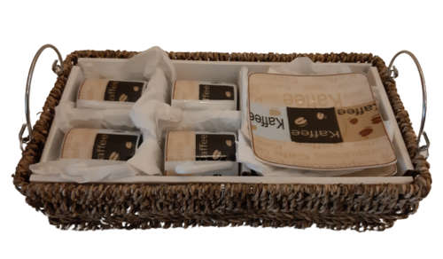 SET ESPRESSO CUPS AND SAUCERS IN WOVEN BASKET ~ BROWN & WHITE FINECASA CLASSICS