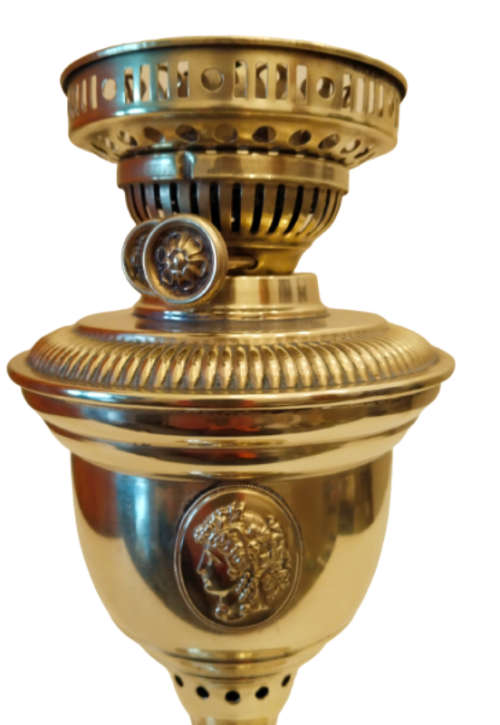 BRASS DUPLEX OIL / PARAFFIN LAMP WITH ROMAN FEATURES