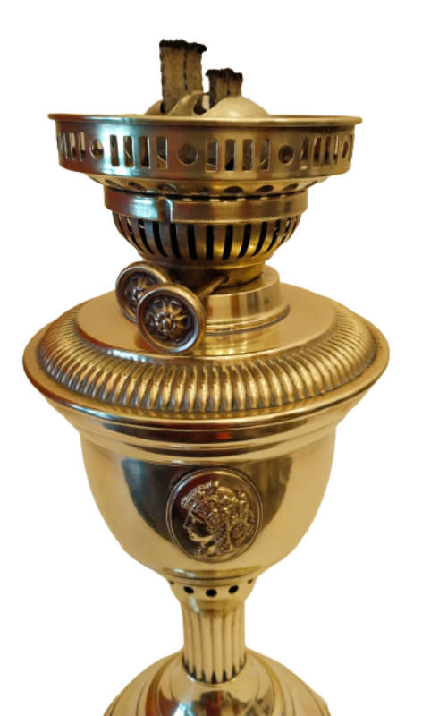 BRASS DUPLEX OIL / PARAFFIN LAMP WITH ROMAN FEATURES