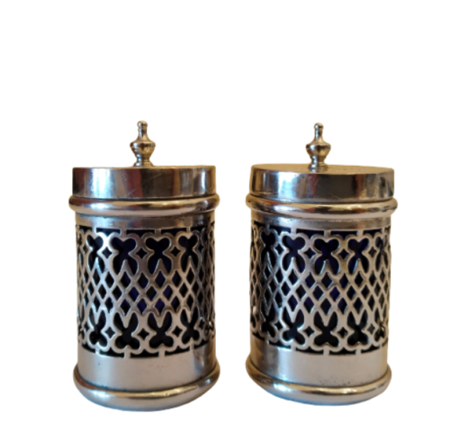 SALT AND PEPPER SHAKERS ~ SILVERPLATE AND BLUE GLASS LINERS