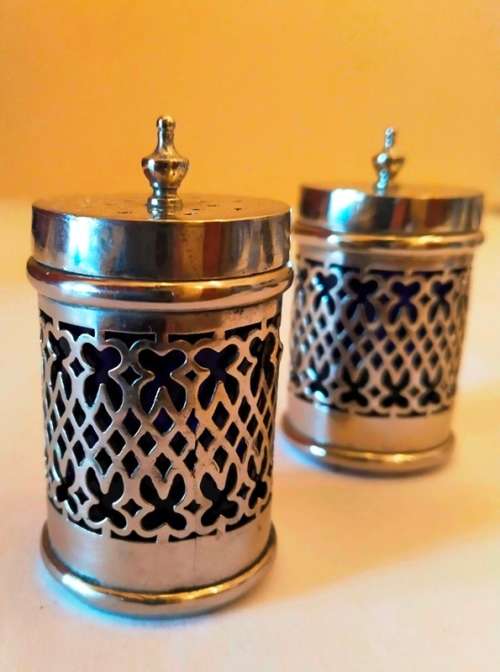 SALT AND PEPPER SHAKERS ~ SILVERPLATE AND BLUE GLASS LINERS