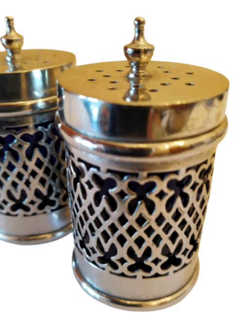 SALT AND PEPPER SHAKERS ~ SILVERPLATE AND BLUE GLASS LINERS