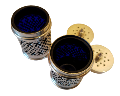 SALT AND PEPPER SHAKERS ~ SILVERPLATE AND BLUE GLASS LINERS