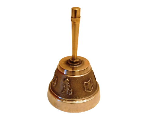 BRASS TABLE BELL WITH DECORATIVE FIGURINES IN RELIEF