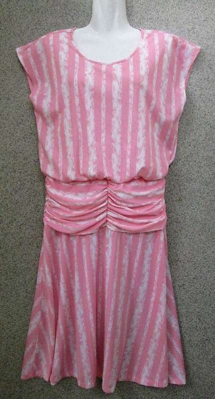 Vintage Pink & White Drop Waist Polyester Dress - Size 36/38 (Chest 97cm)