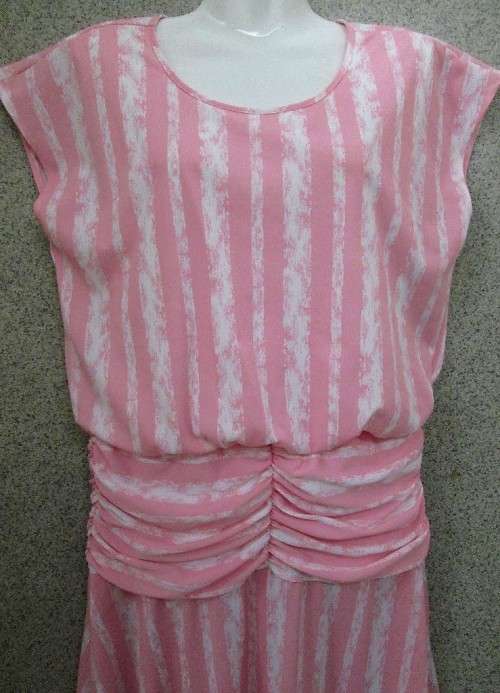 Vintage Pink & White Drop Waist Polyester Dress - Size 36/38 (Chest 97cm)