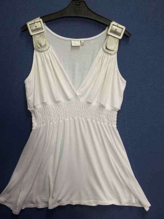Long Length White T-Shirt With Silver Buckle Detail - Size 38