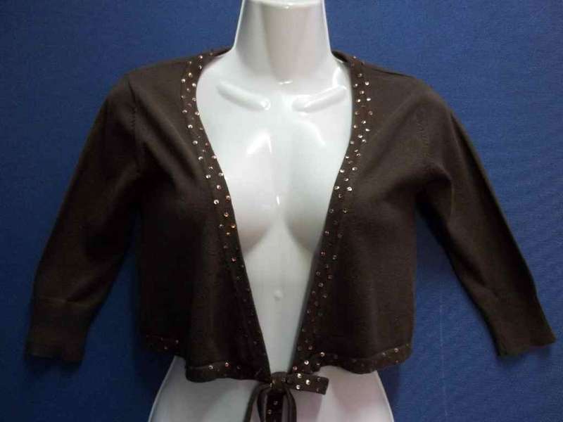 Three Quarter Sleeve Brown Jersey With Tie Detail & Sequin Trim - Size S