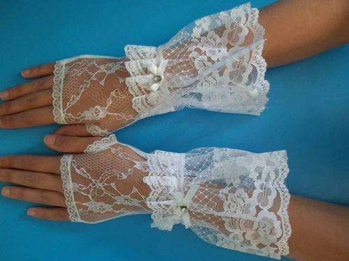 White Satin & Lace Gloves - Size L