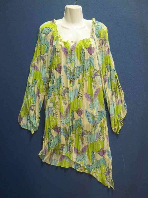 Patterned Crinkle Long Sleeve Asymmetrical Shirt With Elasticated Neckline - Size 50 * Quality Brand