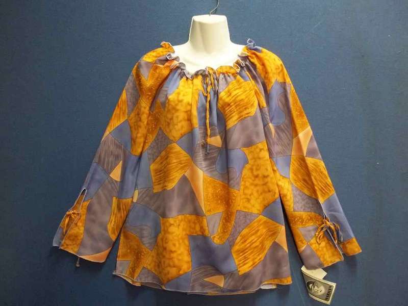 Patterned Orange & Purple Polyester Top With Elasticated Neckline - Size 40