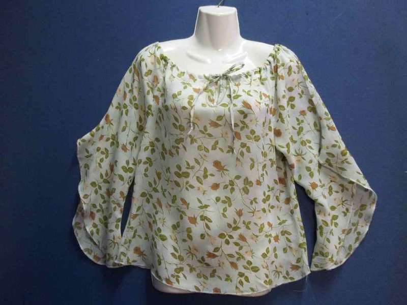 Pale Green Floral Polyester Top With Elasticated Neckline - Size 34