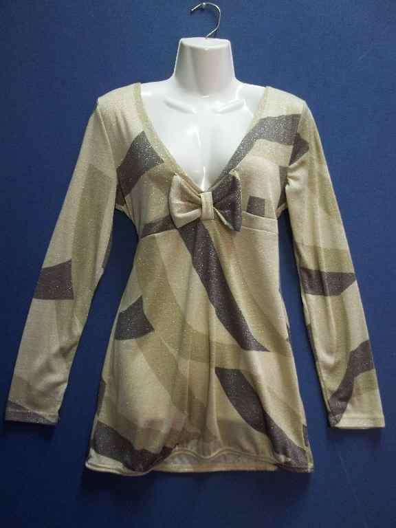 Beige Glitter Long Sleeve Evening Shirt (75% Polyester / 25% Lurex) - Size 38 * Quality Brand
