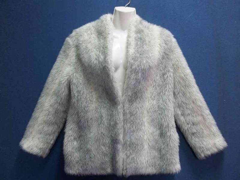 Grey & White Lined Faux Fur Short Coat - Size 34