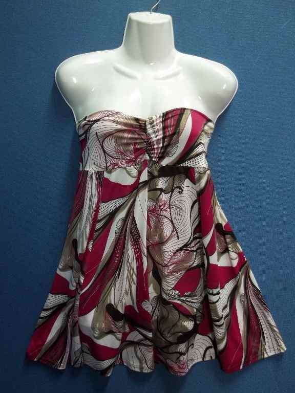 Patterned Pink, White & Brown Strapless Swing Top - Size S