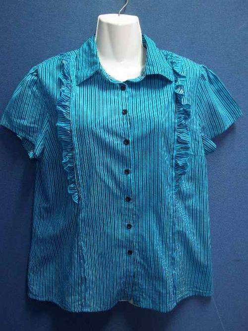 100% Cotton Black & Blue Stripy Shirt With Ruffle Detail - Chest 97cm