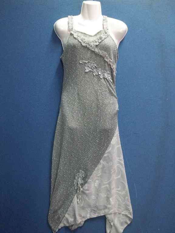 Grey Knit & Polyester Strappy Long Dress  With Ruffle & Sequin Detail - Chest 80cm