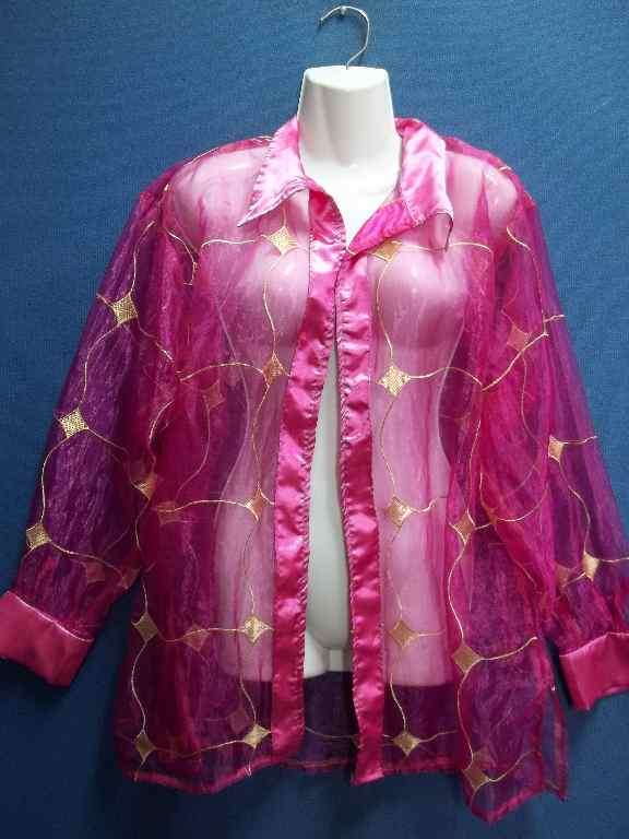 Cerise Chiffon With Gold Embroidery Shirt Style Jacket, No Buttons - Size L/XL