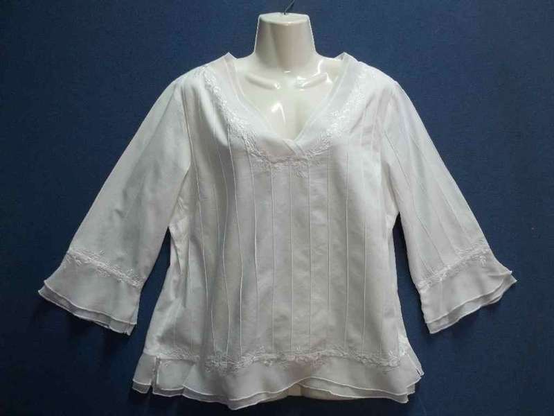 White Cotton Three Quarter Sleeve Shirt With Chiffon & Embroidery Detail - Size 42 * Quality Brand
