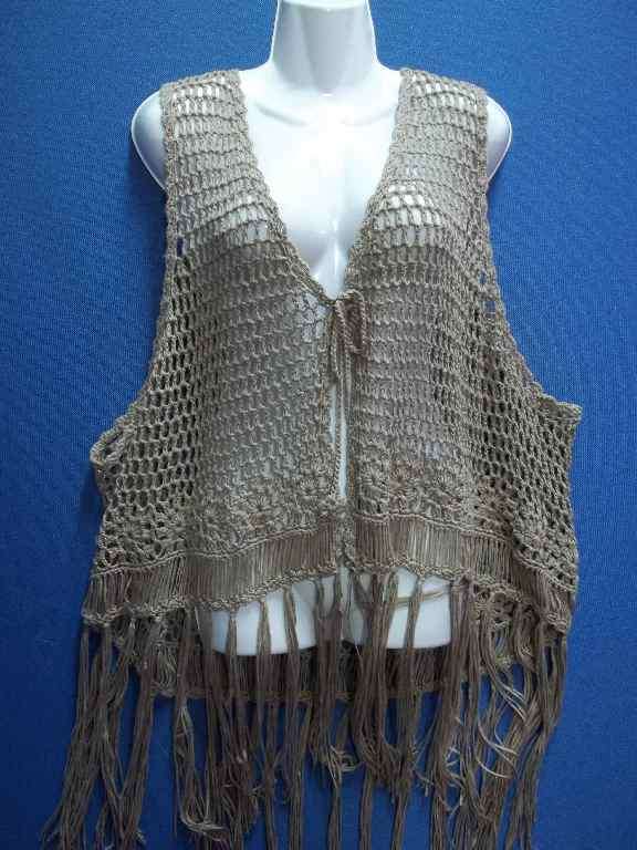 Fringed Sleeveless Beige Knit Jacket - Size 3XL