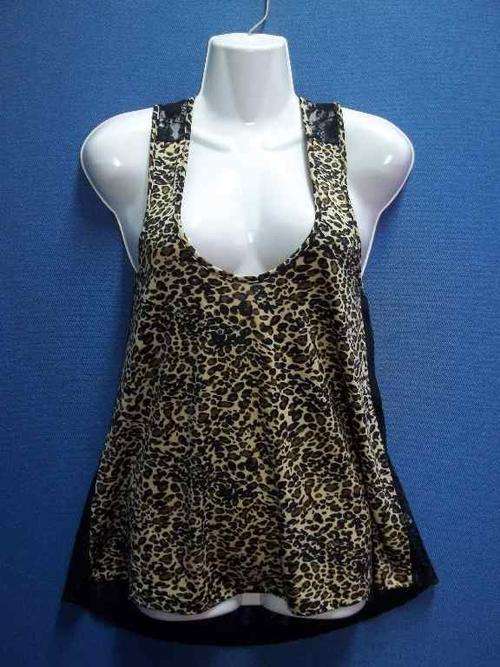Black Lace Backed Polyester Sleeveless Animal Print Top - Size 34