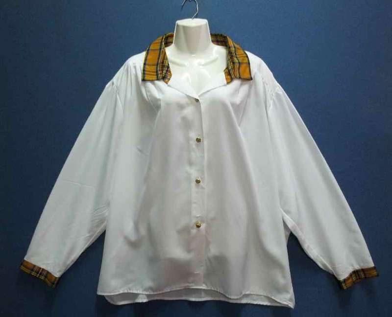 White Polyester Shirt With Tartan Collar & Cuff Detail - Size 46