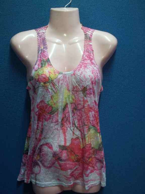 Semi-Sheer Patterned Sleeveless T-Shirt With Lace Detail - Chest 72cm
