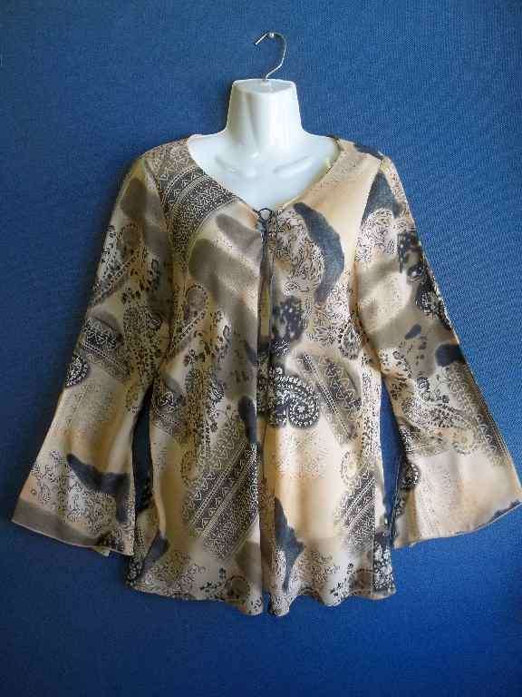Beige Patterned Chiffon Longer Length Shirt - Size 38
