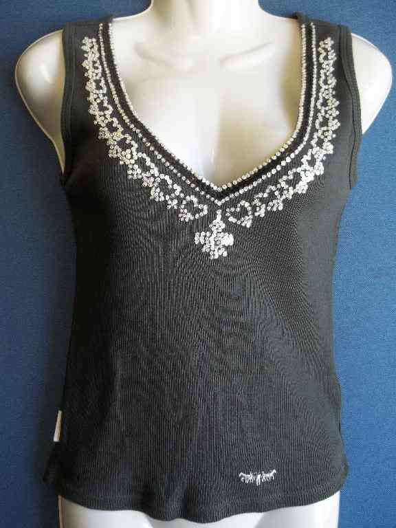 Ribbed Grey Sleeveless T-Shirts With Sequin Detail - Sise S