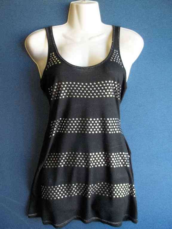 Black Sleeveless Long Length T-Shirt With Studs - Size 30