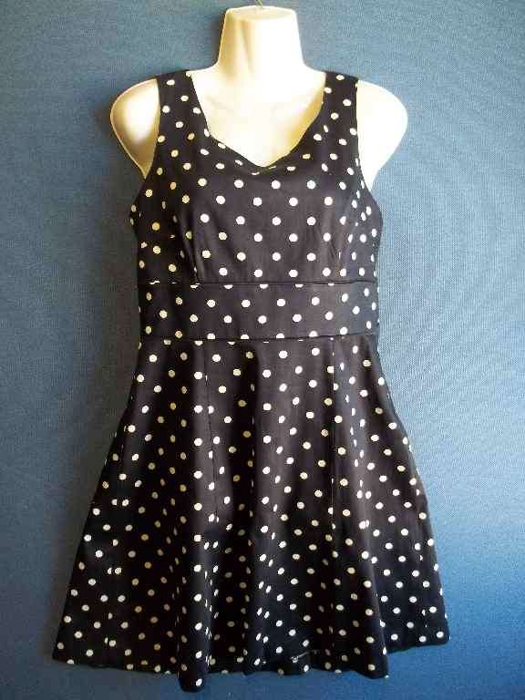 Navy & White Polka Dot Stretch Cotton (Imported Fabric) Dress (Top Lined) - Size 34 * Quality Brand