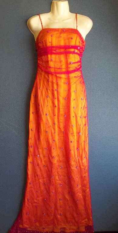 Beaded Cerise Netting Over Yellow Polyester Long Evening Dress - Asymmetrical Open Back, Short Train