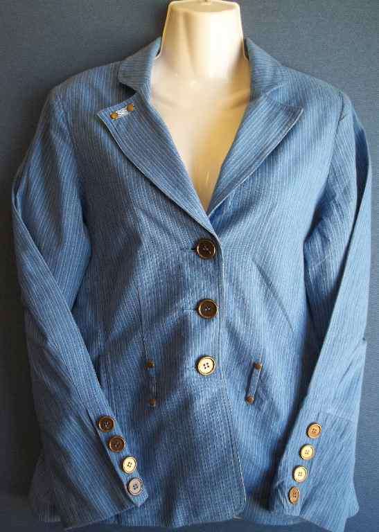 Lined Stripy Blue Linen/Cotton Jacket With Brass Button Detail - Size 36 * Quality Brand