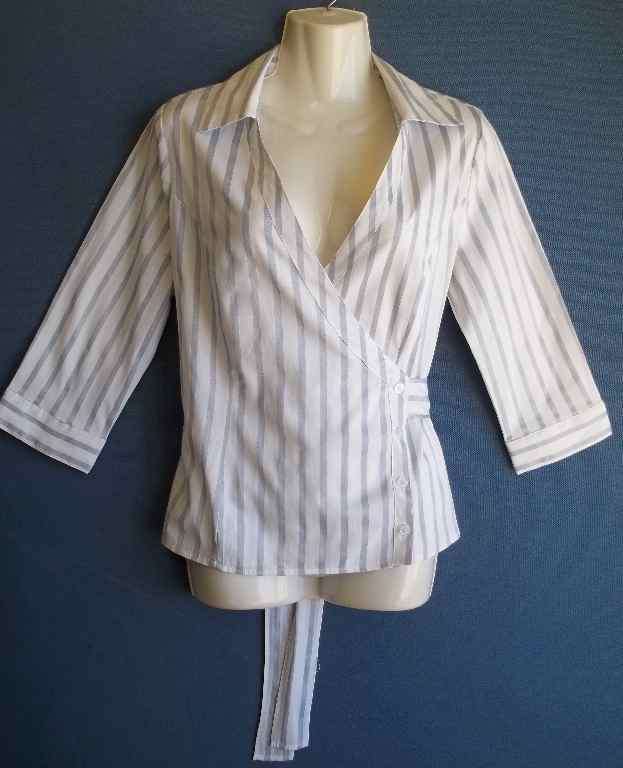 Grey & White Stretch Polycotton Crossover Shirt With Sheen - Size 34