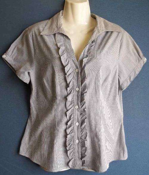 Grey & White Stripy Cotton Shirt With Ruffle Detail - Size 38 * Quality Brand
