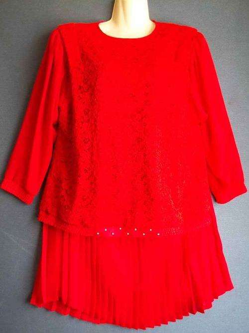 Red Lined Lace & Chiffon Two Piece, Pleated Skirt, Elastic Waist  - Chest 120cm