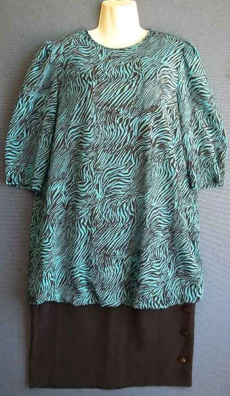 c1980's Turquoise & Black Animal Print Drop Waist Dress - Chest 94cm