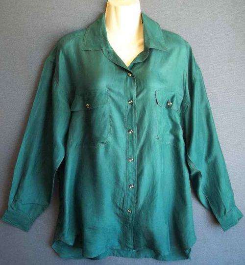 c1990's 100% Silk Green Long Sleeve Shirt - Size L